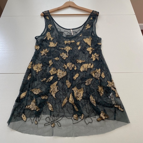 Free People NWOT Embellished Mesh Green Gold Beaded Sequin Tank Tunic Medium - Picture 3 of 12